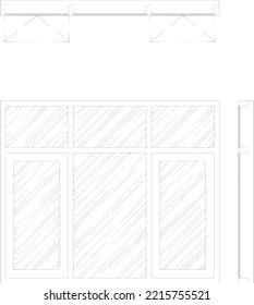 a sketch of a window that is sketched with a front view of the side and top sections