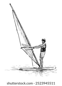 Sketch of windsurfer under sail in sea, realistic hand drawing, vector illustration isolated on white