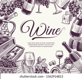 Sketch wine background. Celebration wine bottle and wineglasses grape and cheese food festival, restaurant menu, brochure vector drinks ink group delicious detail art template