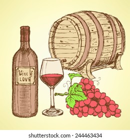 Sketch wine barrel in vintage style, vector