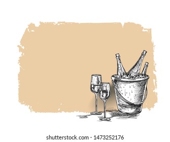 Sketch of wine bottle, glass of red wine. Hand Drawn Sketch Vector illustration.