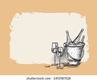 Sketch of wine bottle, glass of red wine. Hand Drawn Sketch Vector illustration.