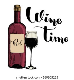 Sketch of wine bottle, glass of red wine. Vintage engraved illustration isolated on white background. Template for label poster, menu, logo, web.