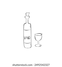 Sketch of a wine bottle with a glass. Simple vector illustration in doodle style