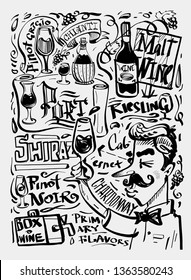 the sketch of wine, a bottle of wine, glasses of wine and different brands of wine 