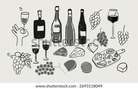 Sketch with Wine, Grapes, Cheese. Vector illustration with various bottles and glasses of wine, vineyard, winery. Design elements for Beaujolais Nouveau festival, tasting, label, card. Drink party