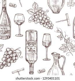 Sketch wine seamless pattern. Wine bottles wineglass corkscrew and grape. Winery, restaurant vector menu texture. Illustration of alcohol drink wine, sketch pattern with bottle