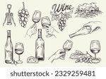 Sketch with wine set. Bottles of alcoholic red and white wine with glass goblets, cheese, vineyard, corkscrew and grapes. Tasting, sommelier and winery concept. Linear flat vector illustration