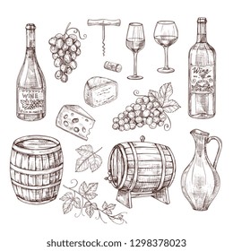 Sketch wine set. Grape, wine bottles and wineglass, barrel. Hand drawn vintage alcoholic beverages vector set