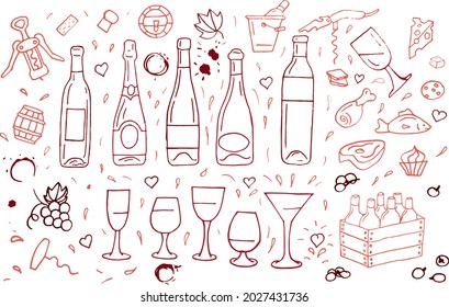 Weinset Skizze. Trauben, Weinflaschen und Weinglas, Fass. Handgezeichnete alkoholische Getränke, Vektorset. Illustration von Flaschen, Weinglas und Weinalkoholgetränken