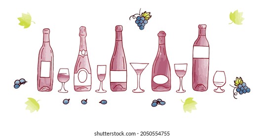 Sketch wine set. Grape, wine bottles and wineglass, barrel. Hand drawn vintage alcoholic beverages vector set. bottle, wineglass and wine alcohol beverage illustration