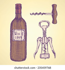 Sketch wine set in vintage style, vector