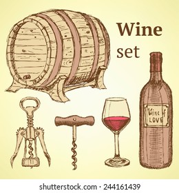 Sketch wine set in vintage style, vector