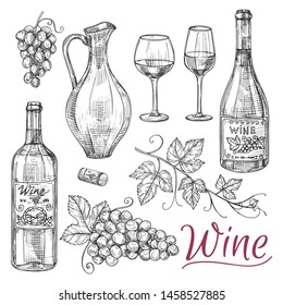 Sketch wine vector elements - bottles, glasses, grapes and jug. Illustration of alcohol drink, beverage in jug, wine bottle