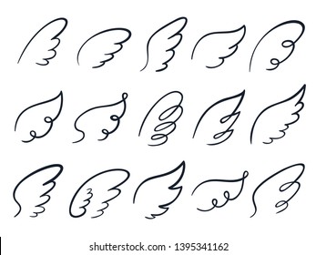 Sketch wings. Hand drawn wing, winged angel feather and wings spread cartoon doodle vector illustration icons set