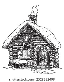 Sketch Winter House Christmas Illustration. Christmas village house, snowy village. Merry Christmas. Hand drawn illustration isolated on white background. Decorated village house in snow in winter.