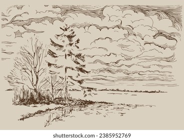 Sketch of winter landscape with trees and grass, vintage line drawing or engraving illustration