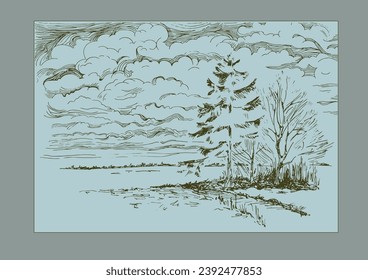 Skizze der Winterlandschaft mit Bäumen und Gras, Vintage-Linien-Zeichnung oder Graviergrafik
