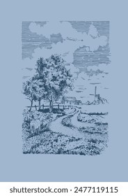 Sketch of winter landscape with trees and grass, vintage line drawing or engraving illustration
