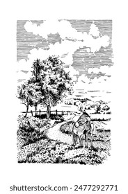 Sketch of winter landscape with trees and grass, vintage line drawing or engraving illustration
