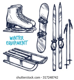 Sketch Winter Sport Objects With Hand Drawn Ski Sled And Snowboard Isolated Vector Illustration