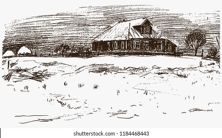 Sketch of a winter village landscape