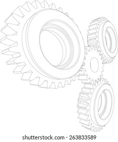 Sketch of wire-frame gears. Perspective view. Teamwork concept. Vector illustration rendering of 3d