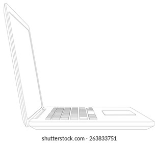 Sketch of wire-frame open laptop. Vector illustration rendering of 3d