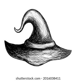 Sketch witch hat, black outline isolated on white background, vector illustration for design and decor, vintage, graphics