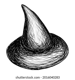 Sketch witch hat, black outline isolated on white background, vector illustration for design and decor, vintage, graphics