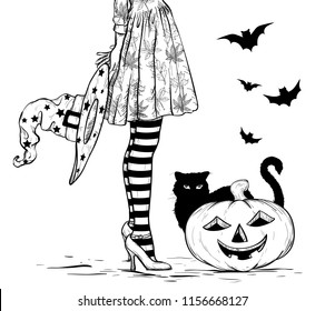 Sketch of Witch with wizard hat in hand in halloween costume, black cat and pumpkin. Black and white