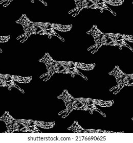 Sketch wolf, animals vector chalk seamless pattern isolated on darck background. Concept for print, cards, mascot, wallpapers, fabric texture