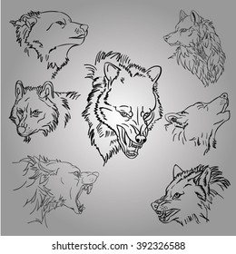 A sketch of a wolf and hand made, set of wolfs