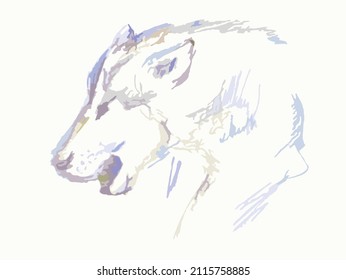 Sketch of a wolf on a light background for posters or wallpaper. Howling wolf in cold tones for emblems, embroidery, prints, interior solutions, fabric, tattoo, textiles, logo, fashion trends, etc.