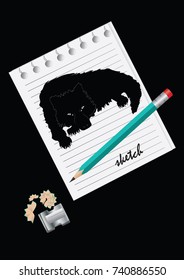 Sketch of wolf on a sheet of notepad - pencil, sharpener with shavings - isolated on black background - vector art illustration vector