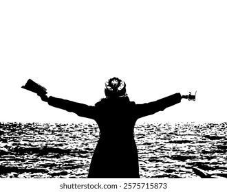 Sketch of a woman with arms outstretched on the beach