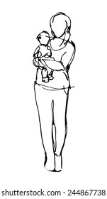 sketch of a woman with a baby in her arms standing straight
