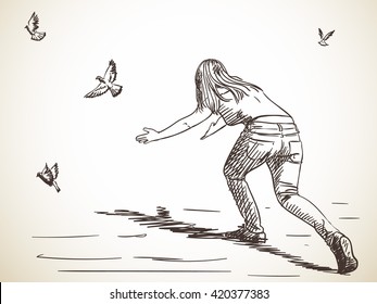 Sketch of woman from back and free flying doves, Hand drawn illustration