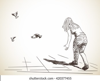 Sketch of woman from back and free flying doves, Hand drawn illustration