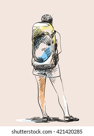 Sketch of woman from back standing with backpack, Hand drawn illustration