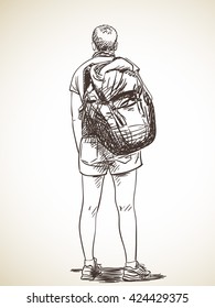 Sketch of woman from back standing with backpack, Hand drawn illustration