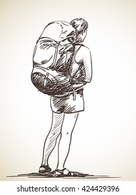 Sketch Walking Man Backpack Hand Drawn Stock Vector (Royalty Free