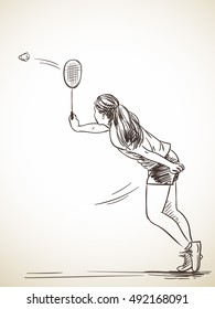 Sketch of woman badminton player, Hand drawn vector illustration