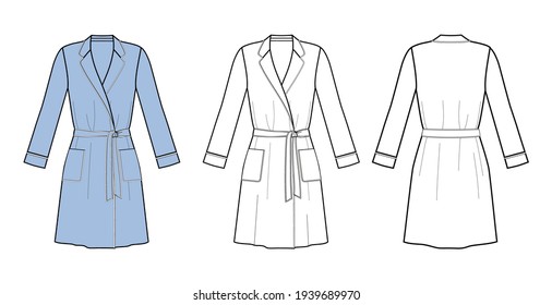 Sketch of woman bathrobe in vector graphic.
Viscose bathrobe for women with pockets and piping.
Illustration template.
Front and back views.Fashion design.