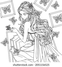 sketch of a woman with butterflies. Coloring pages for adults beautiful girl.