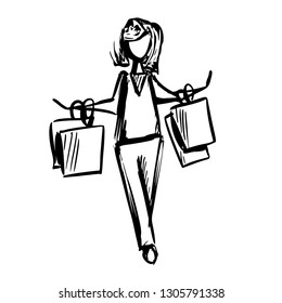 Sketch of woman with buying packages on the white background, isolated vector element to shopping concept