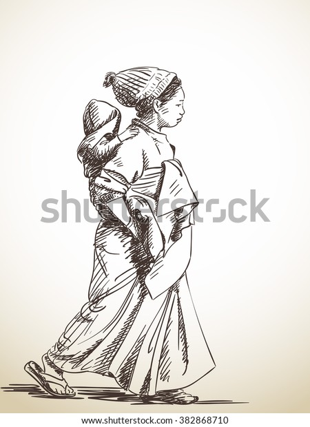 Sketch Woman Carries Baby On Her Stock Vector Royalty Free