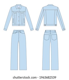 Esbozo del denim femenino establecido en gráfico vector. Vaqueros clásicos de la mujer con bolsillos delanteros y traseros y bolsillos delanteros de la mujer con la clásica chaqueta de denim. Esbozo plano vector. Mostrar vistas frontales y posteriores