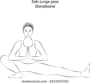 Sketch of woman doing yoga Skandasana. Side Lunge pose. Intermediate Difficulty. Isolated vector illustration.