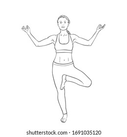 Sketch of woman doing yoga, standing on one leg, Hand drawn vector illustration isolated